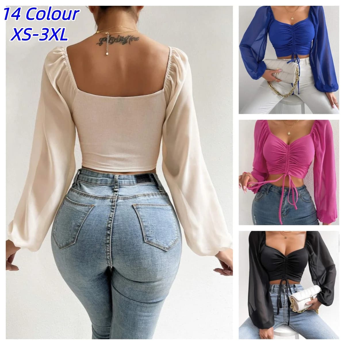 Drawstring Front Sheer Sleeve Crop T-Shirt Women Plunge Neck Long Sleeve Ribb-knit Ruched Blouse Sexy Top Spring Summer Outfit