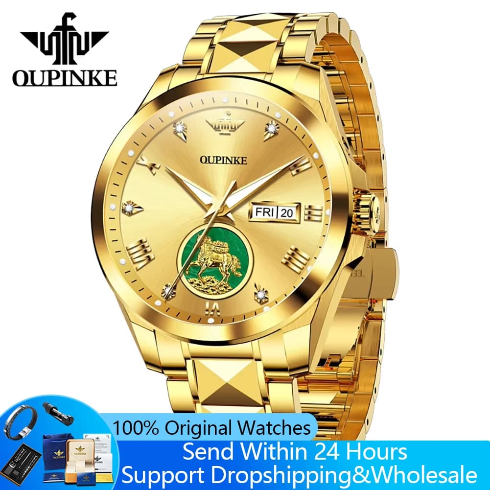 OUPINKE 3331 Orologi Automatici da Uomo, Lusso Originale in Acciaio al Tungsteno Placcato Oro Vero, Design Cavallo, Orologio Meccanico da Uomo per Affari