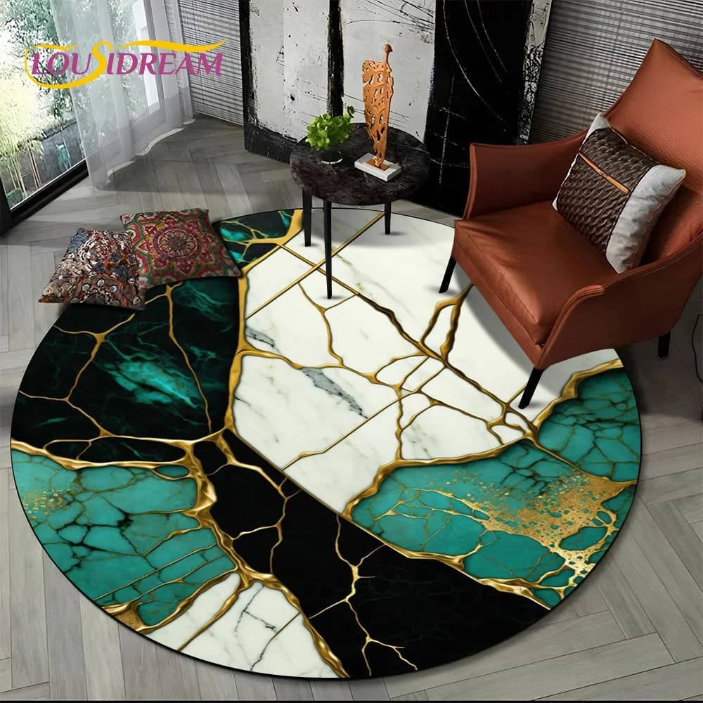 Round Carpet – Green Blue Gold Rug for Living Room, Bedroom & Child Chair, Non-Slip Pet Mat