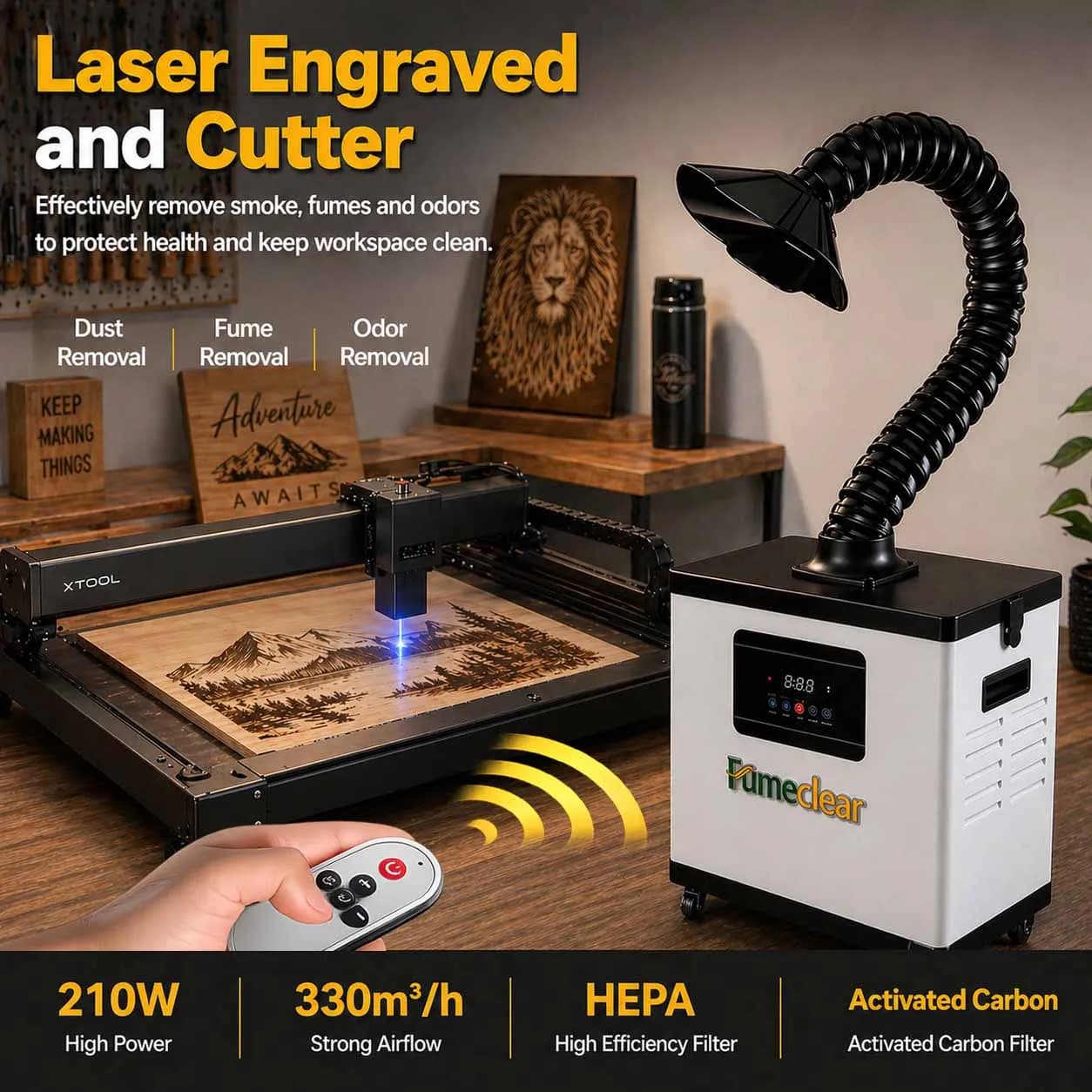 Fumeclear High Vacuum Fume Extractor System With HEPA For CO2 PVC Laser Cutter And Engraver Machine