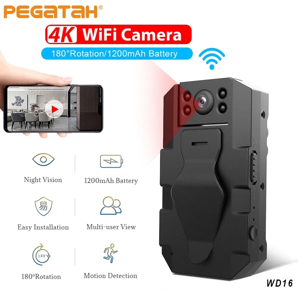 Mini Telecamera Wireless 4K con Visione Notturna e Rilevamento del Movimento, Videocamera Rotante a 180 Gradi per Sicurezza Domestica