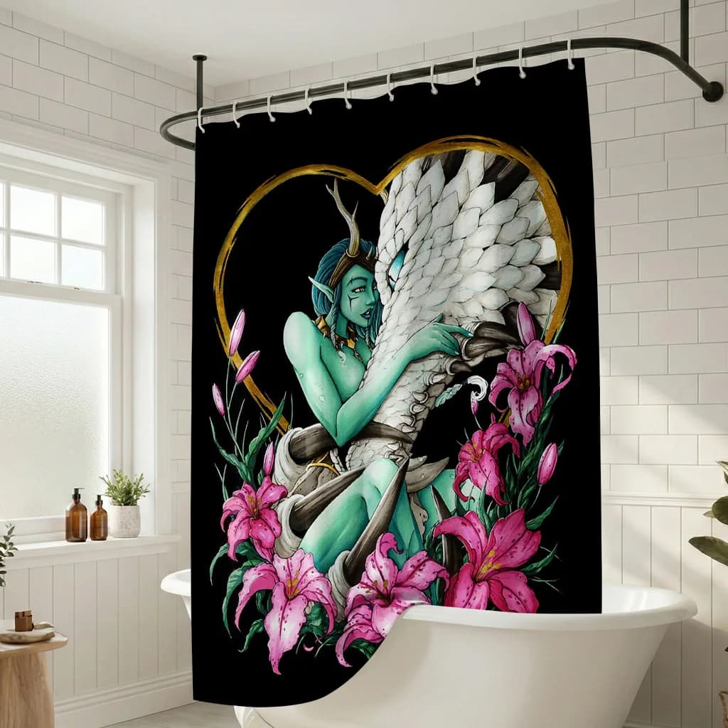 Tenda da doccia con drago mitico - Design artistico creativo con cuore e giglio, decorazione artistica per bagno e interni domestici
