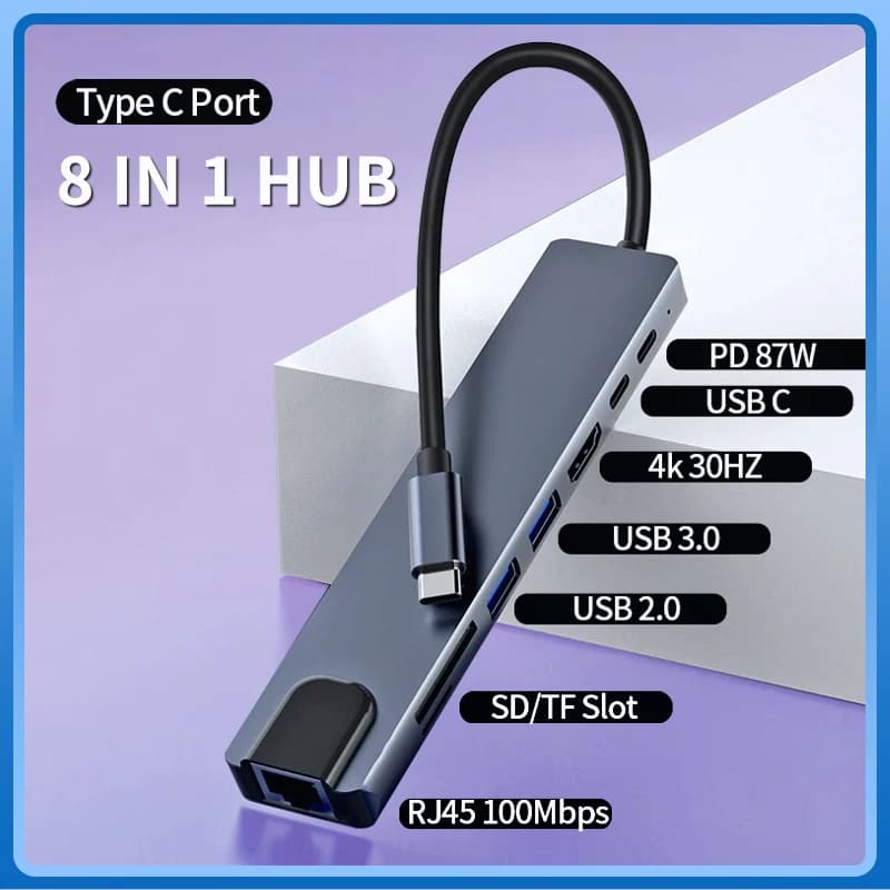 Adattatore USB C HUB 8 in 1 tipo C con 4K HDMI 87W PD Docking station USB RJ45 per telefono MacBook Pro Air Lettore di schede per laptop Pad