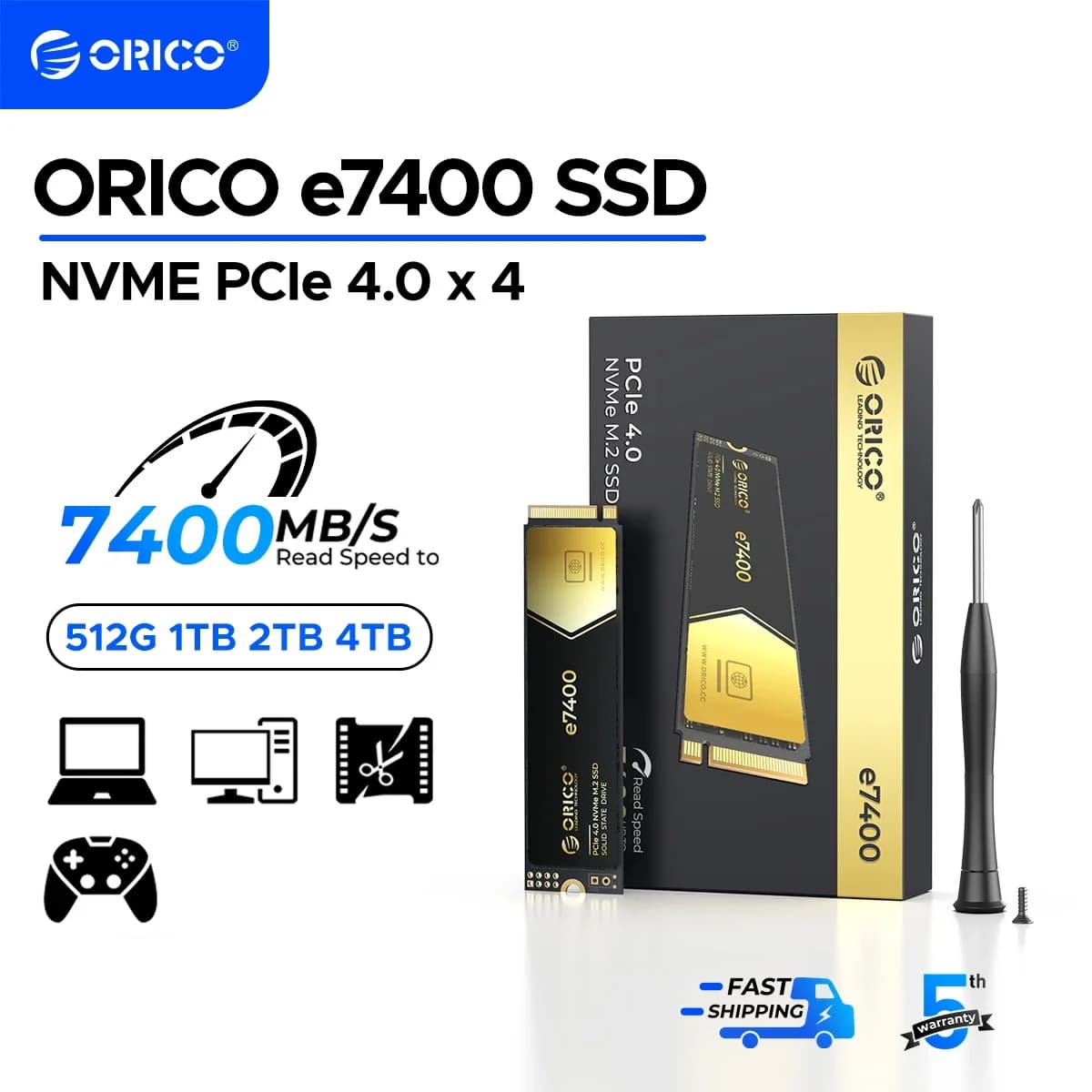 ORICO Gaming PCIe4.0 M.2 NVMe SSD PS5 7400 MB/S Unità a stato solido interna Gen4 per computer di fascia alta Gamer Lavori pesanti
