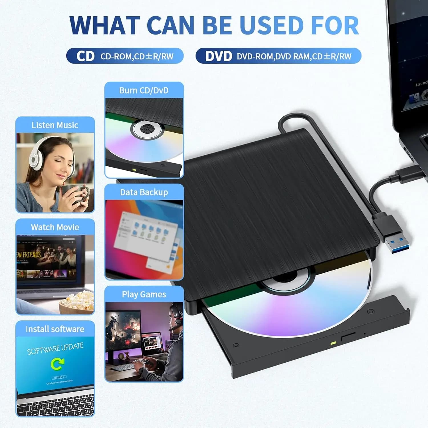 Unità DVD/CD Esterna per Laptop PC USB 3.0 Tipo-C Masterizzatore CD Portatile Lettore DVD +/-RW per Masterizzatore e Registratore ROM