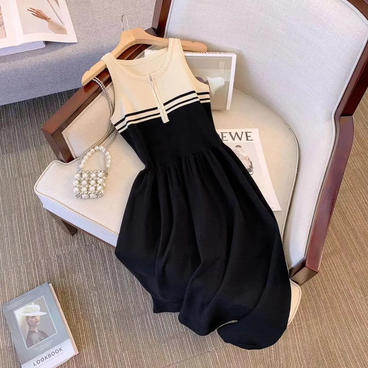 Chic Vintage Striped Vest Dress Women's Summer New Gentle Splicing Long Skirt Korean Style Real Shot 2023 Summer Collection