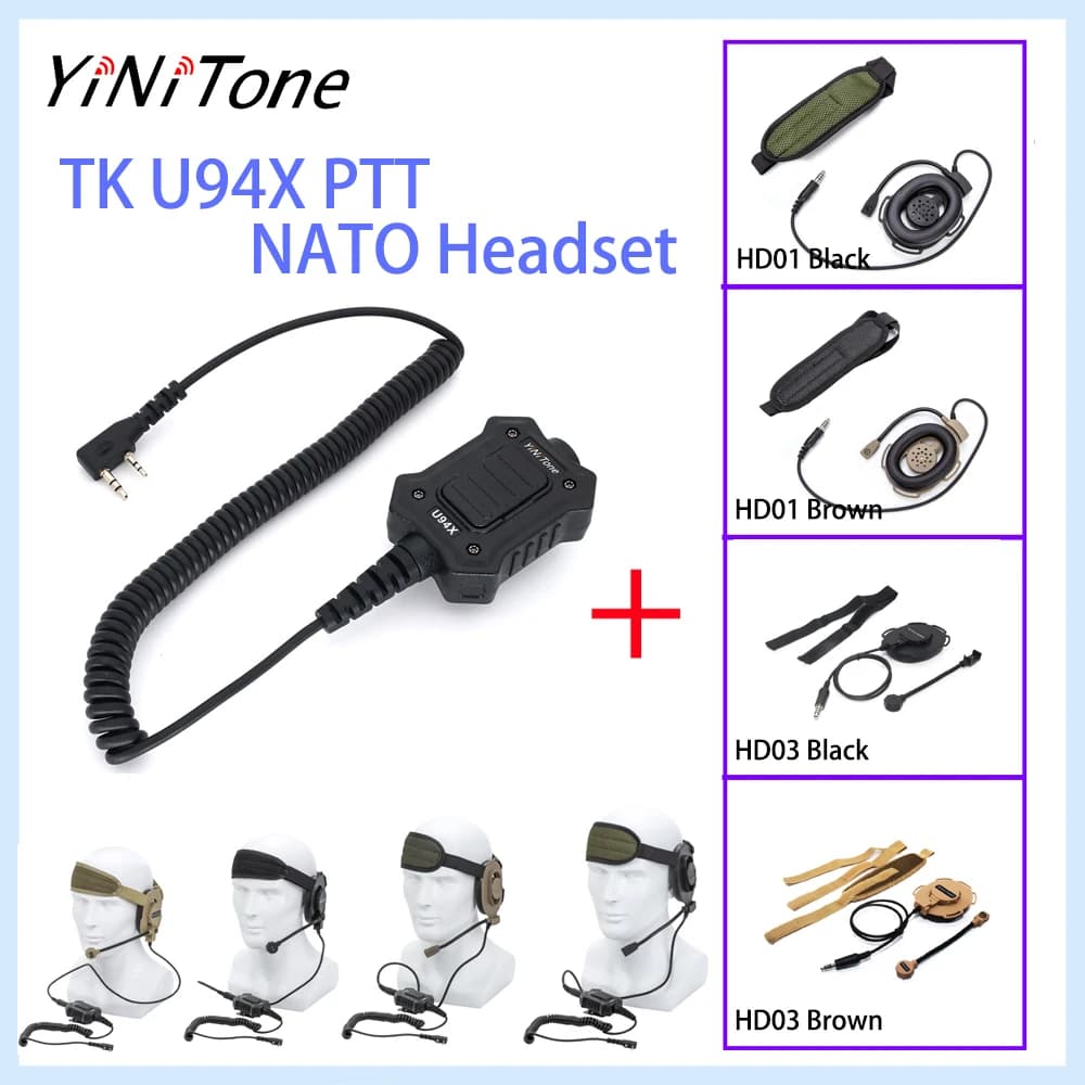 YiNiTone U94X PTT con auricolare radio Elite II stile NATO per Baofeng UV-5R DM-32 UV-32 Quansheng UV-K6 UV-5RPLUS walkie talkie