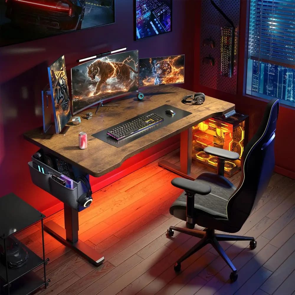 Scrivania da Gaming con Luci LED, Scrivania per Computer Regolabile Elettricamente in Altezza, Scrivania da Ufficio con 3 Impostazioni di Memoria, Tasca Laterale Portaoggetti