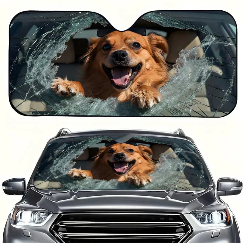 1Pcs Playful Dog Design Car Windshield Sun Shade, For SUV/RV, Easy Installation, With 4 Free Suction Cups, Vibrant Design