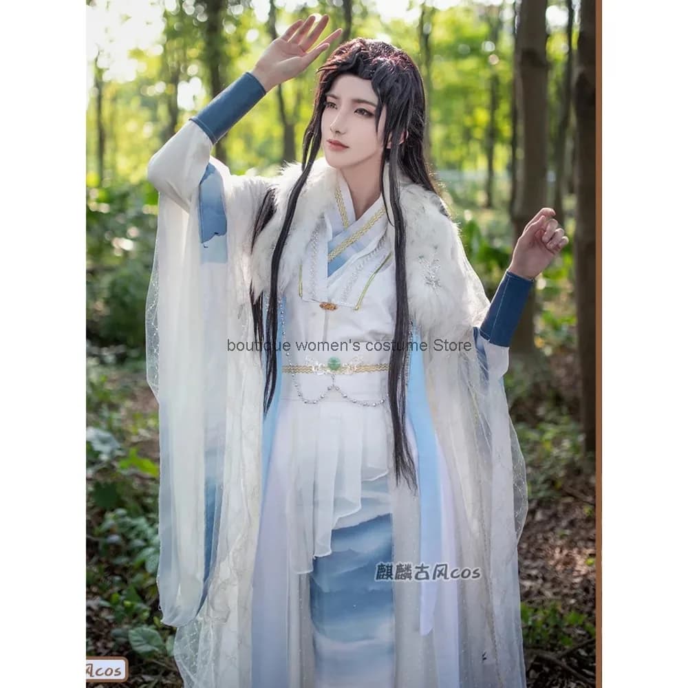 Cos Qilin Costume stile antico Uomo Abito Hanfu Shen Lan Zhou Coswear Prugna Prugna fredda Prugna contenente blu neve