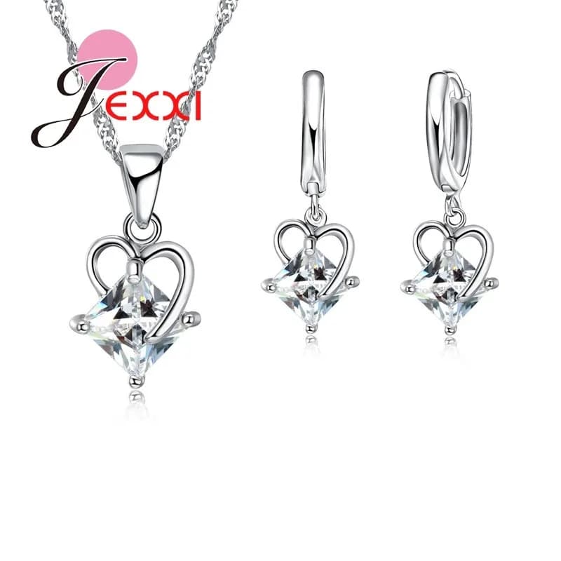 Fast Shipping Top Quality Women 925 Sterling Silver Bridal Romantic Heart Square Crystal Pendant Necklace Earrings Jewelry Set