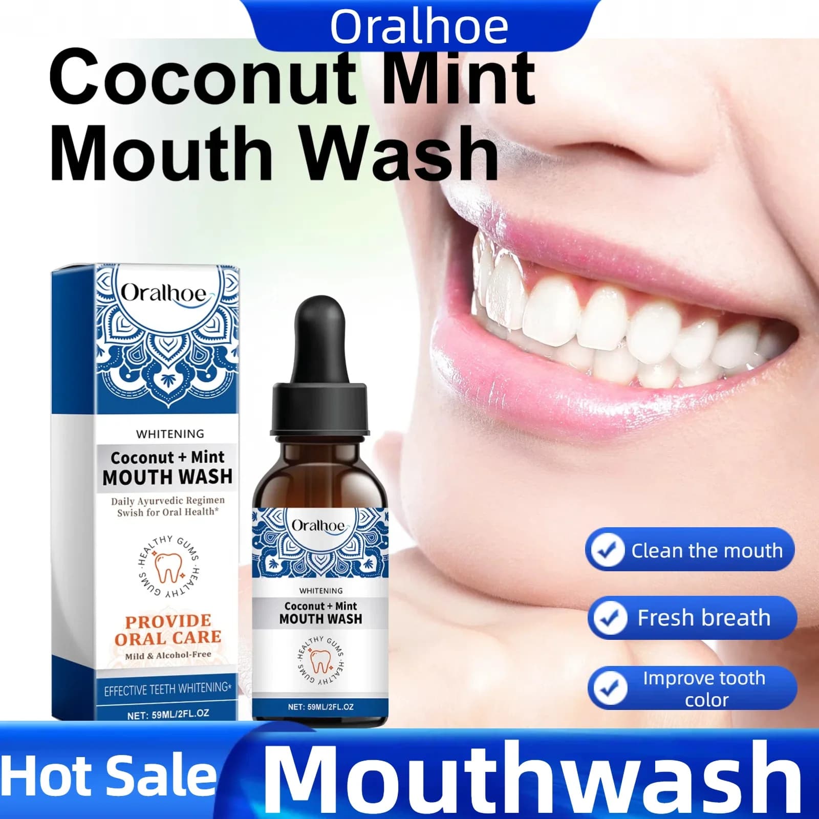 Mint-taste energizing mouth cleanses teeth and mouth, without alcohol, teeth whitening, refreshing oral hygiene