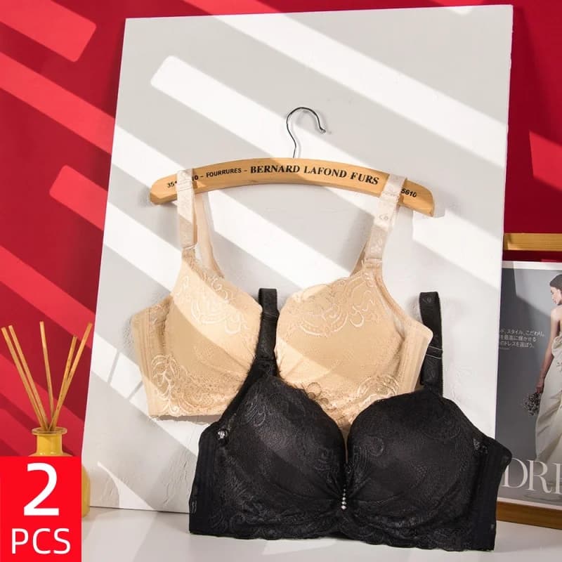 2PCS Women's Sexy Lace Plus Size Bra Underwire Push-Up Bra Comfortable Breathable Adjustable Shoulder Straps Gathering Bra