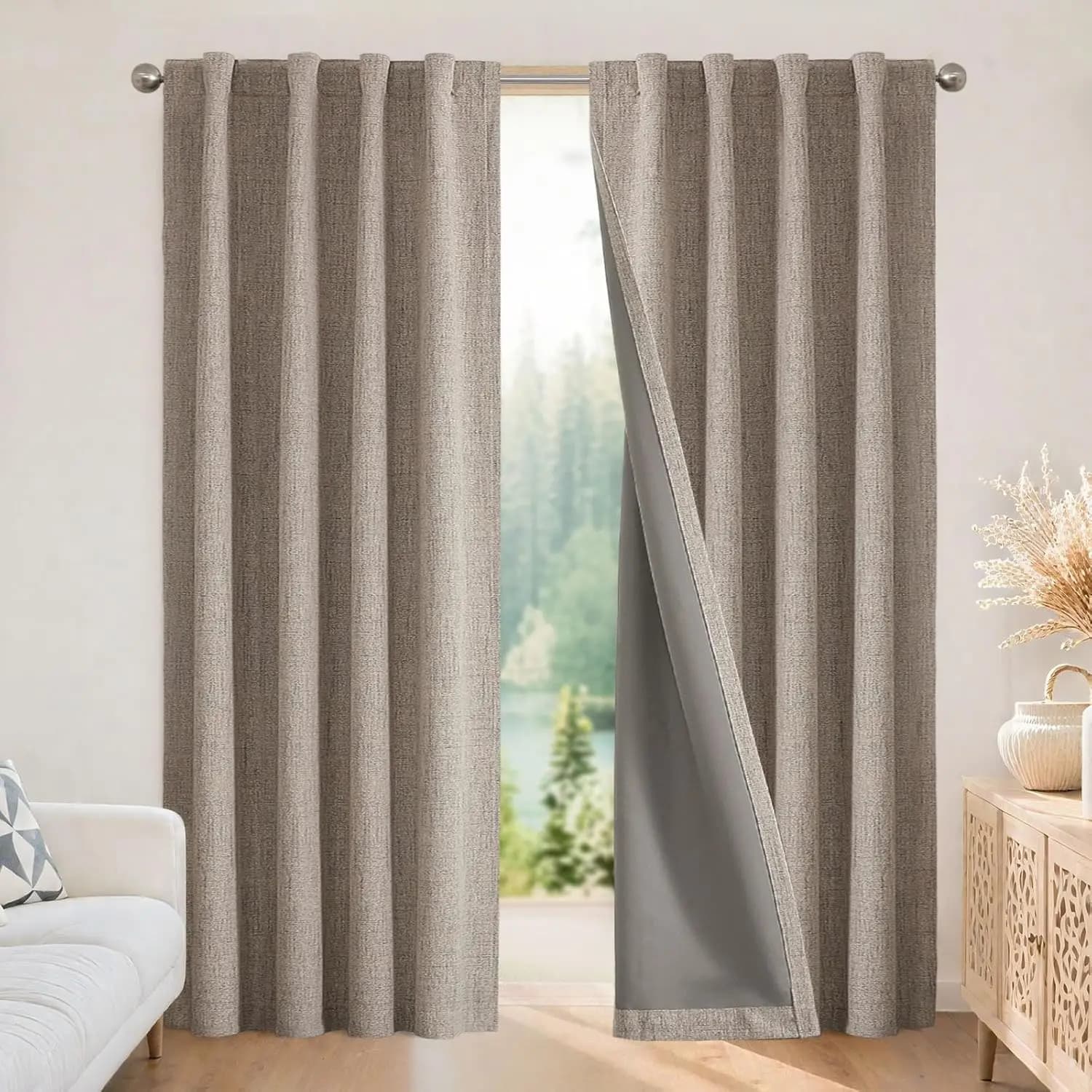108 Insulated Dark Curtains Set With Thermal Insulation, Flax Texture and Double Room Hanging Options