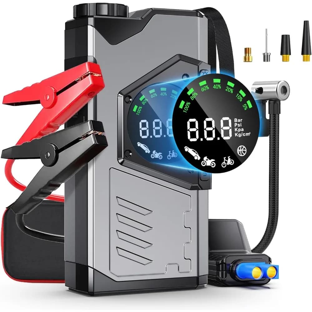 Avviatore portatile per auto con compressore d'aria 3000A 150PSI Gonfiatore per pneumatici 12V Power Pack Display LCD Torcia elettrica per gas Diesel