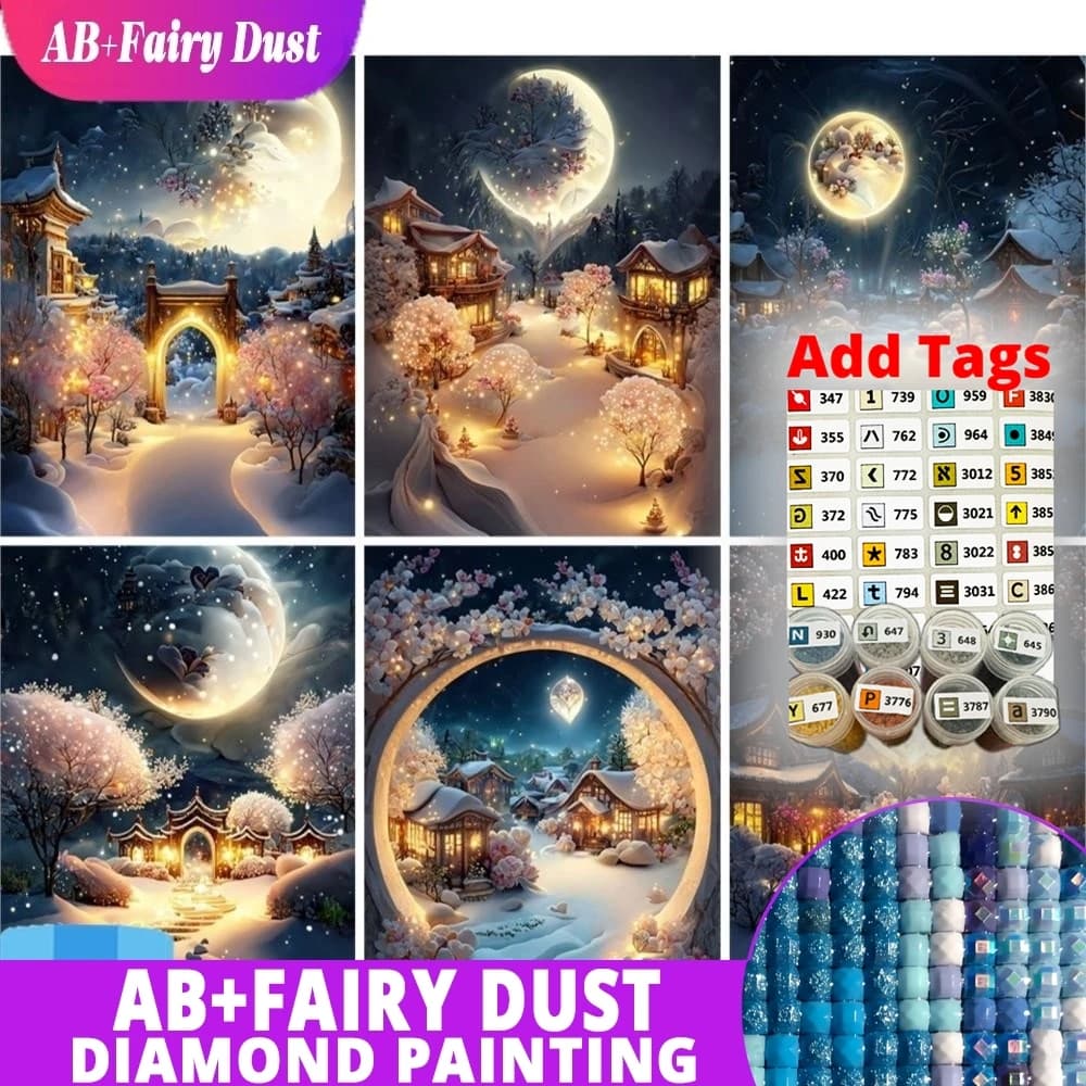 With Symbol Sticker AB Fairy Dust Landscape Diamond Painting Cartoon Winter Moonlight Hut Mosaic Embroidery 5D DIY New Arrival S