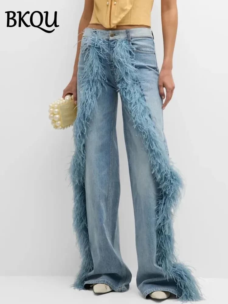 BKQU Jeans lavati con impiombature di piume Pantaloni larghi in denim a gamba larga da donna Y2K Vita alta Moda Streetwear 2025 Pantaloni jeans dritti