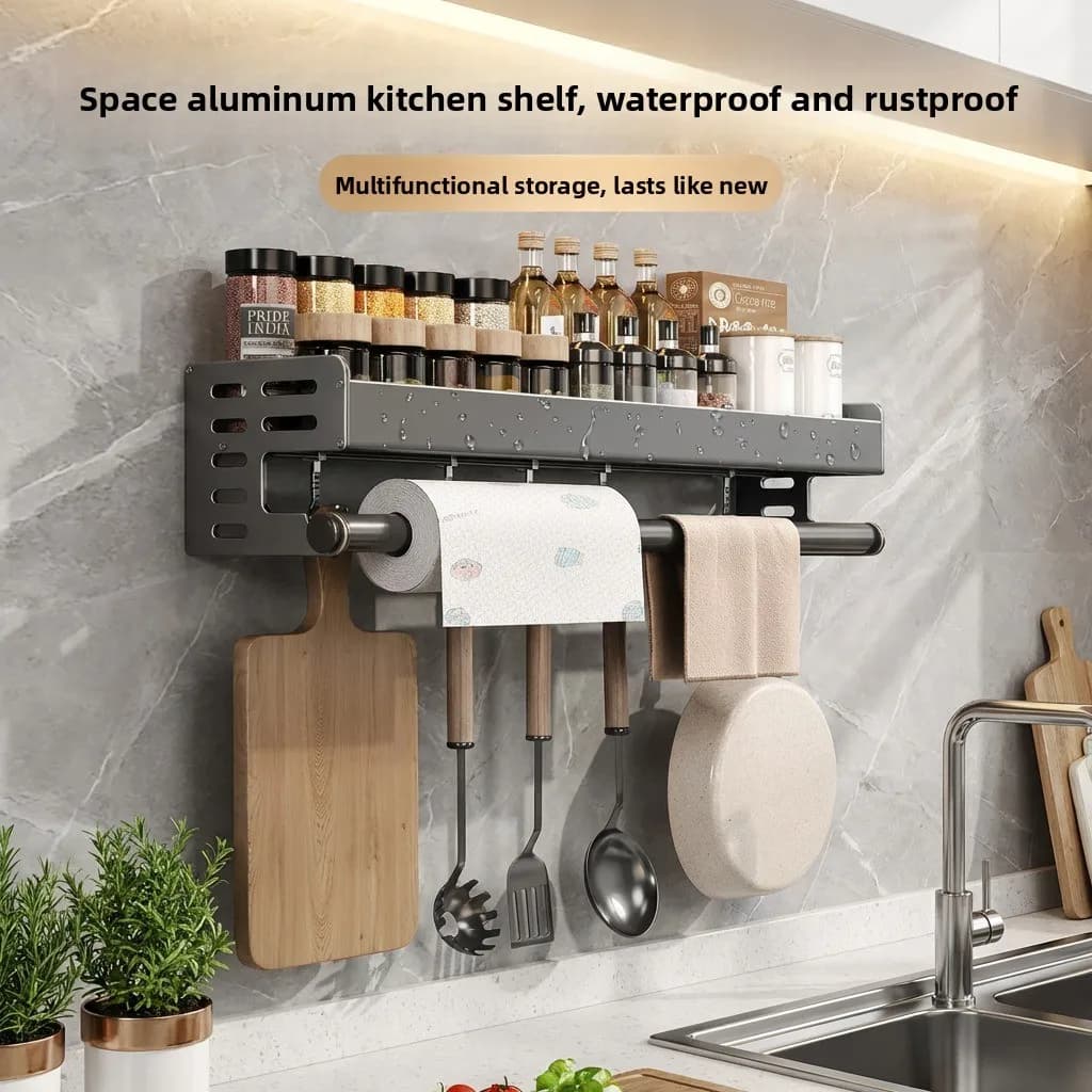 Kitchen Wall-Mounted Shelf Space Aluminum Integrated Paper Towel Rack Multi-Function Spice Can Holder Knife Rack No Drilling