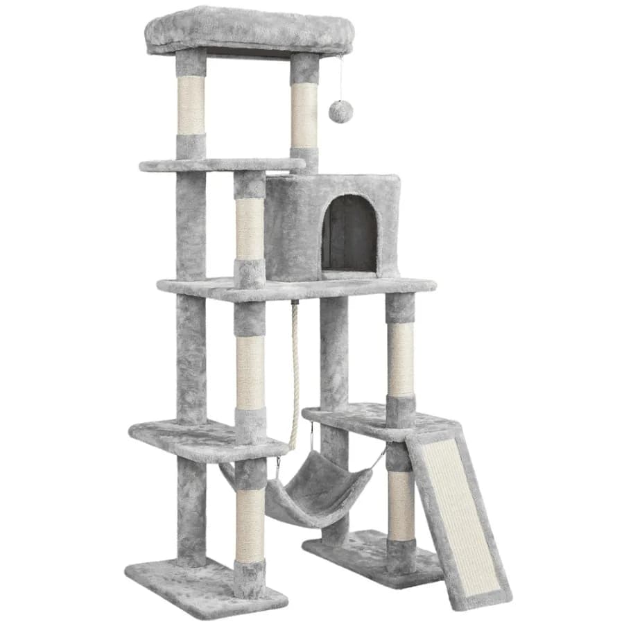 54″ Tall Multilevel Plush Cat Tree with Hammock Scratching Posts Light Gray