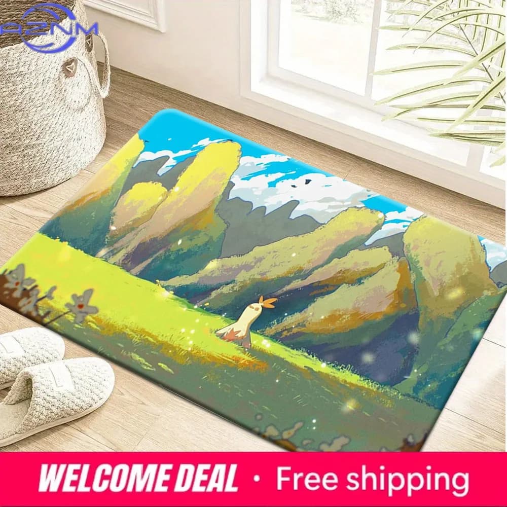 Cute Torchic Pokemon Green Meadow Mountain Scenery Anti Slip Absorbent Home Indoor Entrance Bathroom Decor Floor Doormat Rug