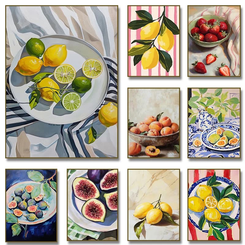 Abstract Fig Lemons Strawberries Peaches Fruit Market Poster Canvas Painting Print Wall Art Picture for Living Room Home Decor