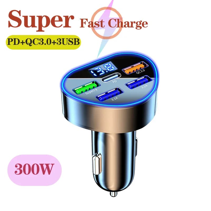 Caricabatteria per auto da 300 W a 5 porte Ricarica rapida PD/QC/SCP/FCP/AFC/PSS Carica flash per accendisigari per auto con display digitale