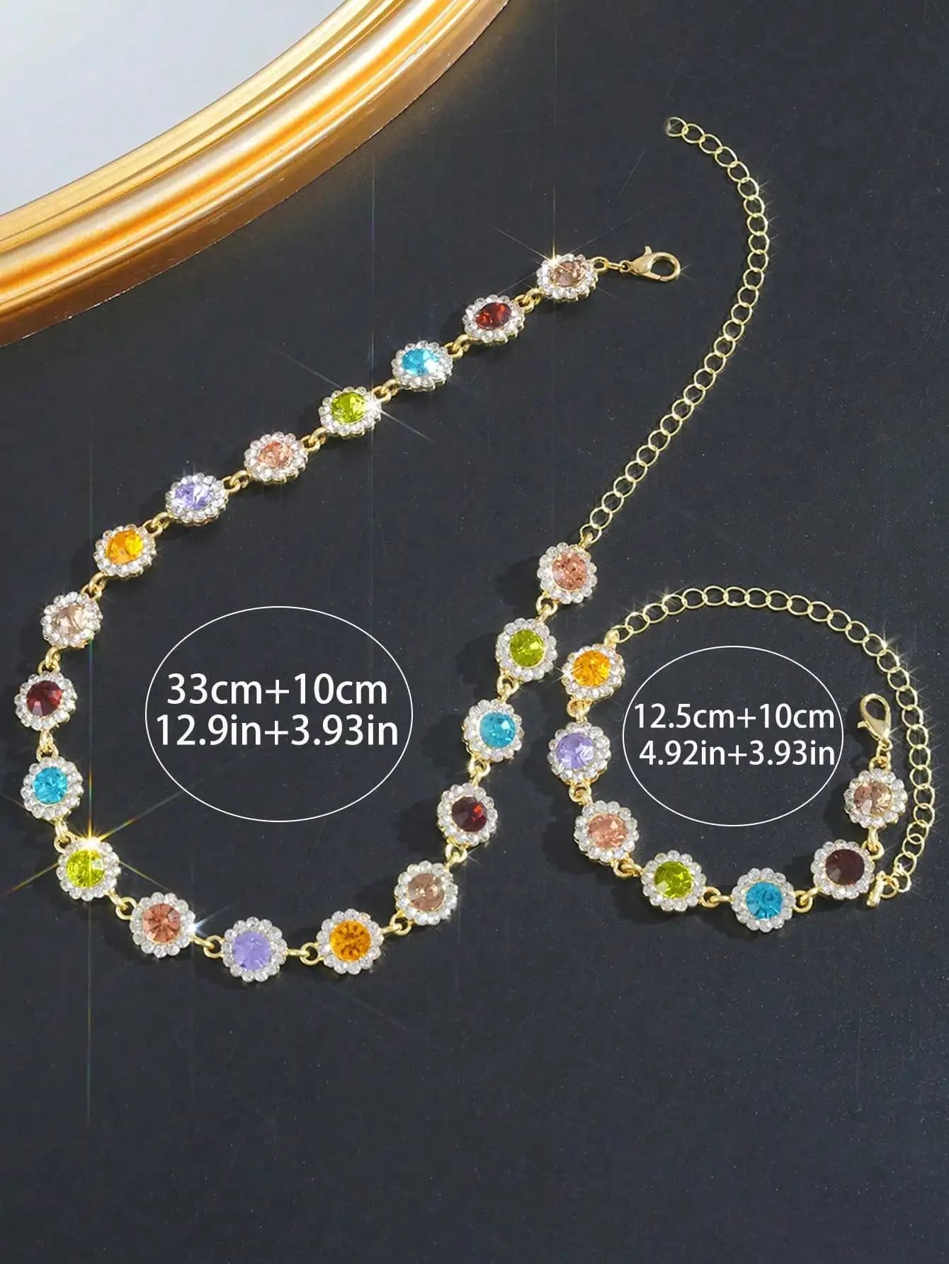 Set di collana e bracciale con strass colorati in zirconia cubica per donna