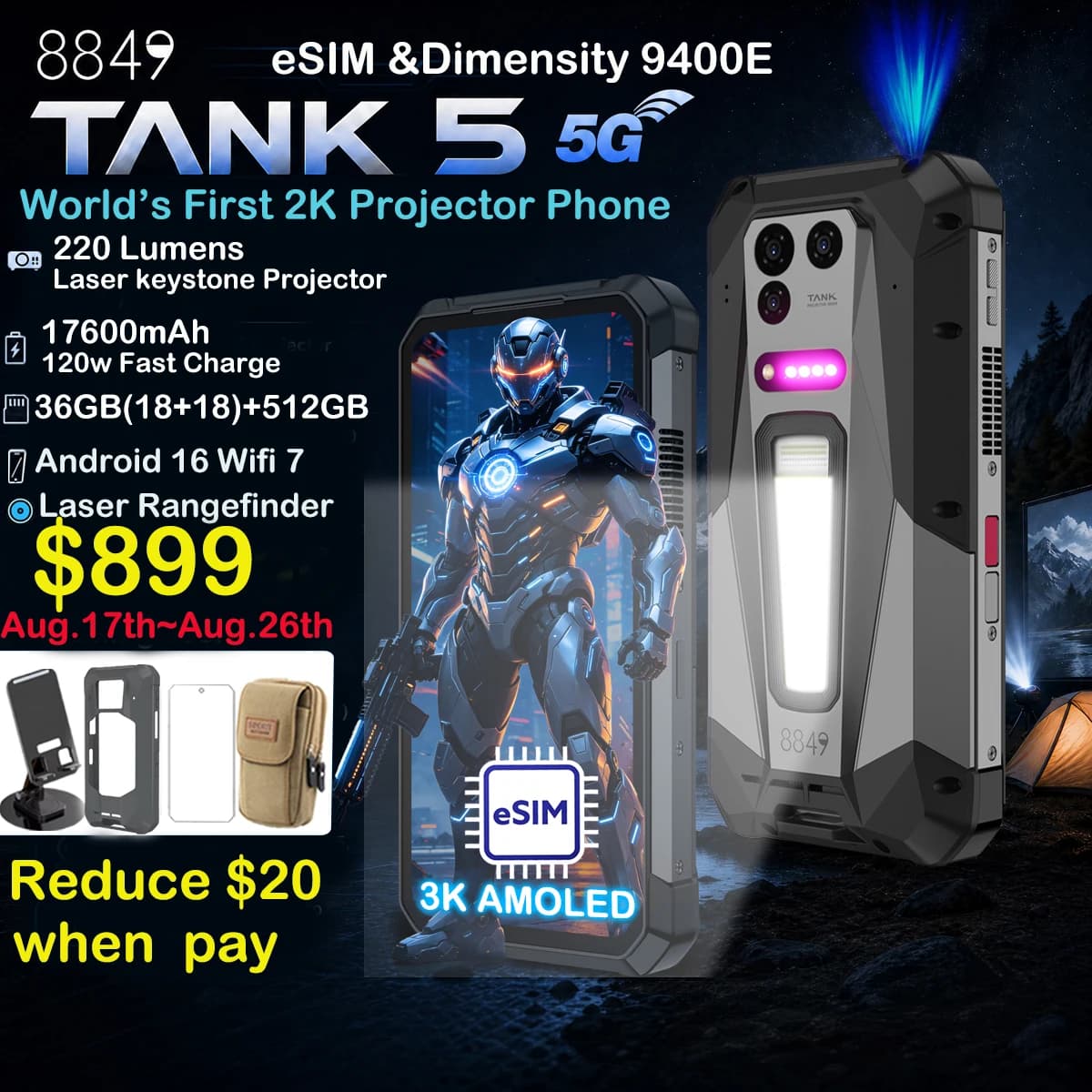 8849 TANK 5 Unihertz 2K Projector Rugged Smartphone eSIM Dimensity 9400e 3K AMOLED 17600mAh 220Lumens 18GB+512GB WiFi 7