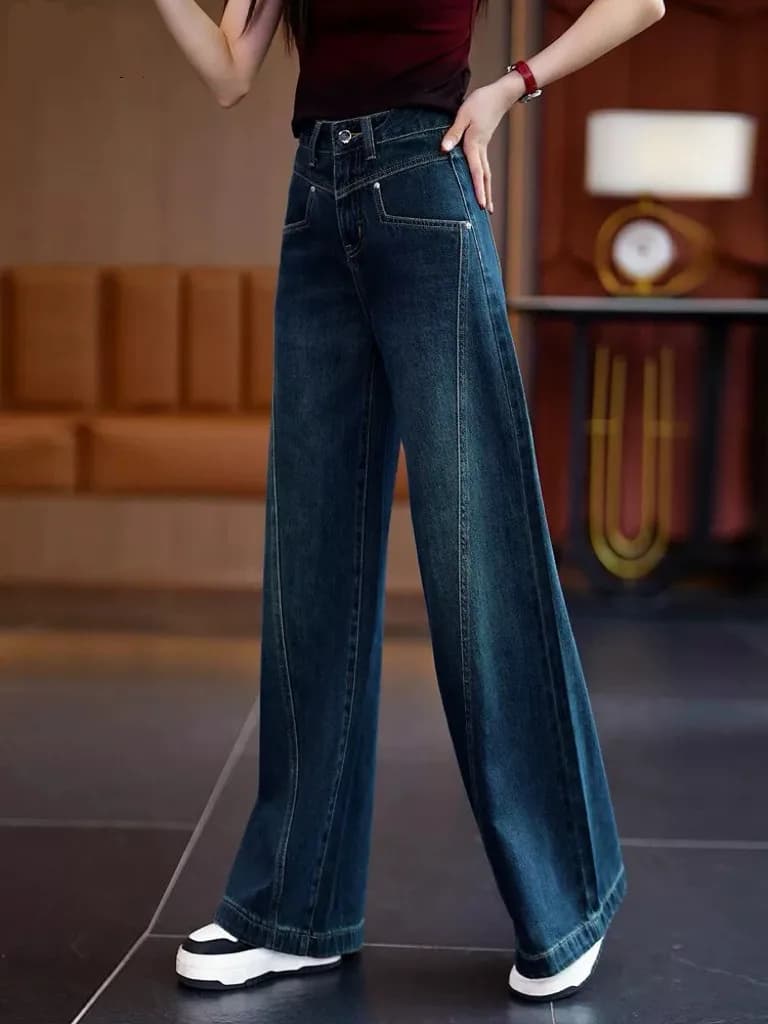 High Waist Wide Leg Jeans Slimming Fashionable Retro Style Women's Denim Pants Spring Season Casual Wear Breathable Cotton Blend