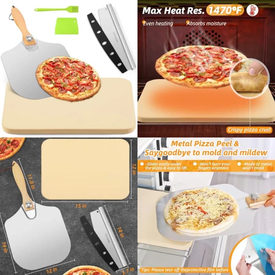 Set di 5 pietre per pizza, set di pietre per pizza rettangolari grandi 15 x 12 per forno e grill con pala per pizza in metallo, taglierina e spatola, spessore 0,6''