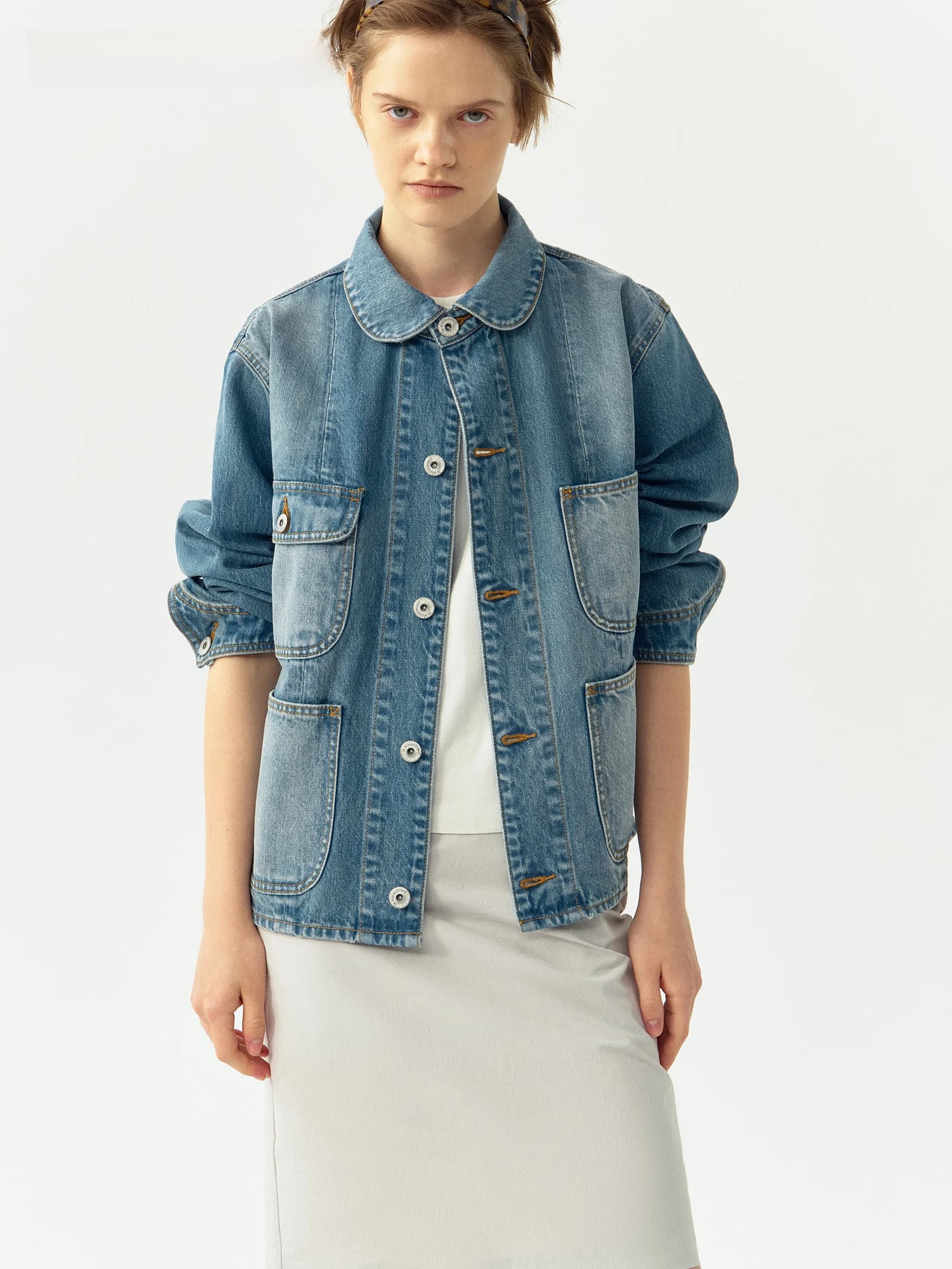 VERMO Retro Peter Pan Collar Washed Soft Stylish Denim Jacket Doll Collar Long Sleeve Regular Fit Cotton Blend Outerwear