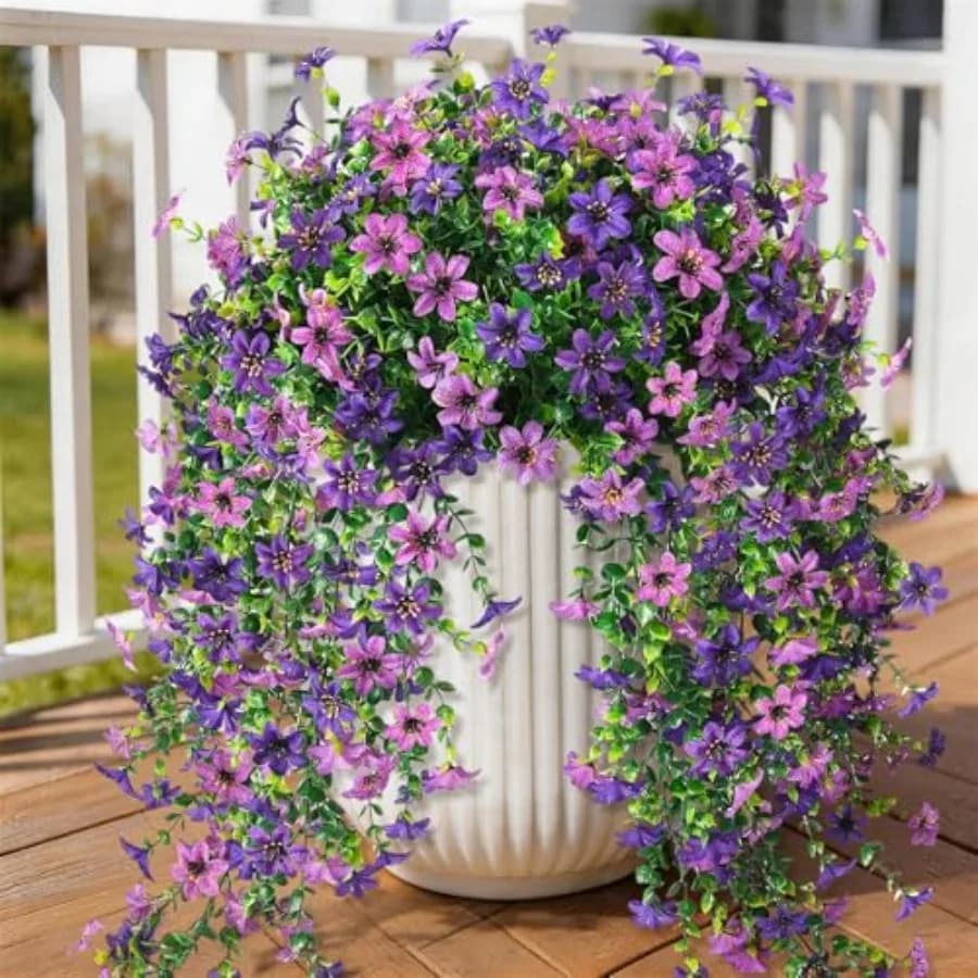Artificial Fake Hanging Flowers Plants for Outdoor Summer Decoration, 2 PCS Faux Silk Daisy with Eucalyptus Leaves, UV Resistan