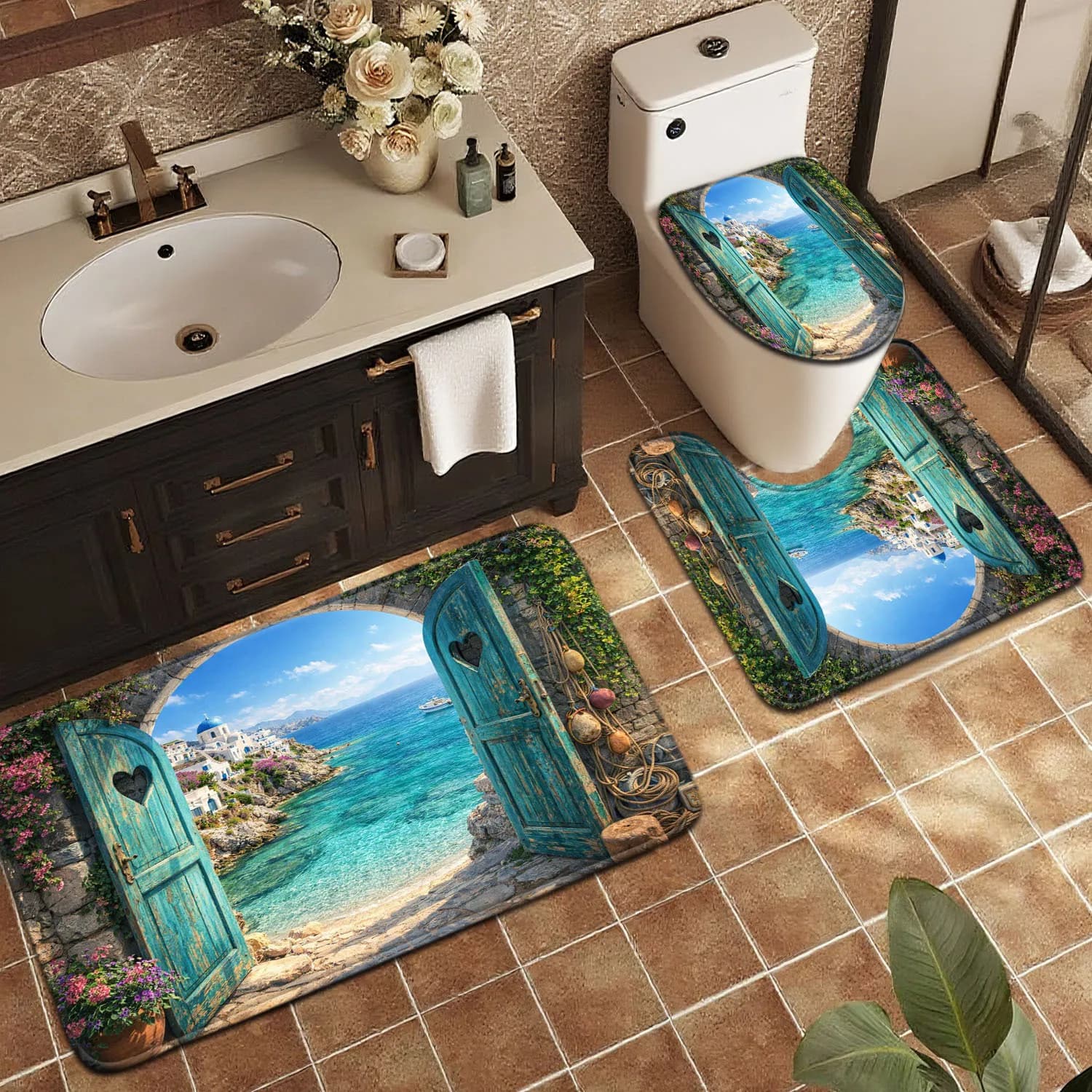 Set di 3 Coperture Antiscivolo per Vasca e WC, Adatte per Bagno, Doccia, Vasca - Morbide e Assorbenti con Tappetino da Bagno, Lavabili in Lavatrice