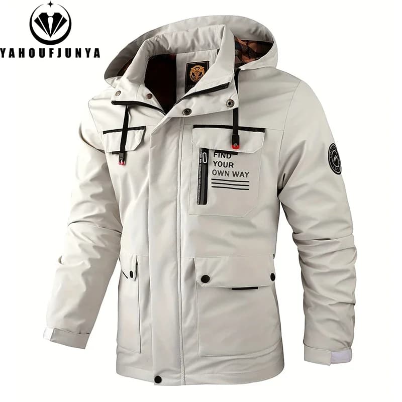 2025 Primavera Autunno Uomo Outdoor Frangivento Giacca con cappuccio rimovibile Uomo Solido Moda casual Giacca allentata Cappotto Abbigliamento maschile Top