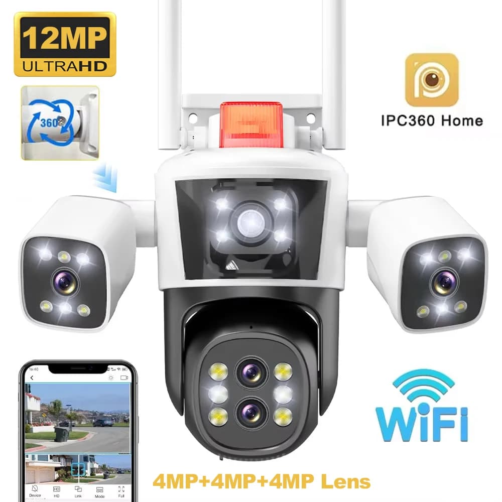 Telecamera IP WiFi Wireless da Esterno 6K 12MP con 3 Obiettivi e 3 Schermi, PTZ con Tracciamento Automatico, Protezione di Sicurezza Domestica, Video CCTV IPC360 Home