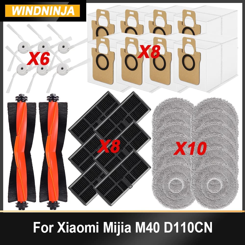 For Xiaomi Mijia M40 D110CN Robot Vacuum Spare Parts Main Side Brush Hepa Filter Mop Cloth Dust Bag Replacement Accessories Kit