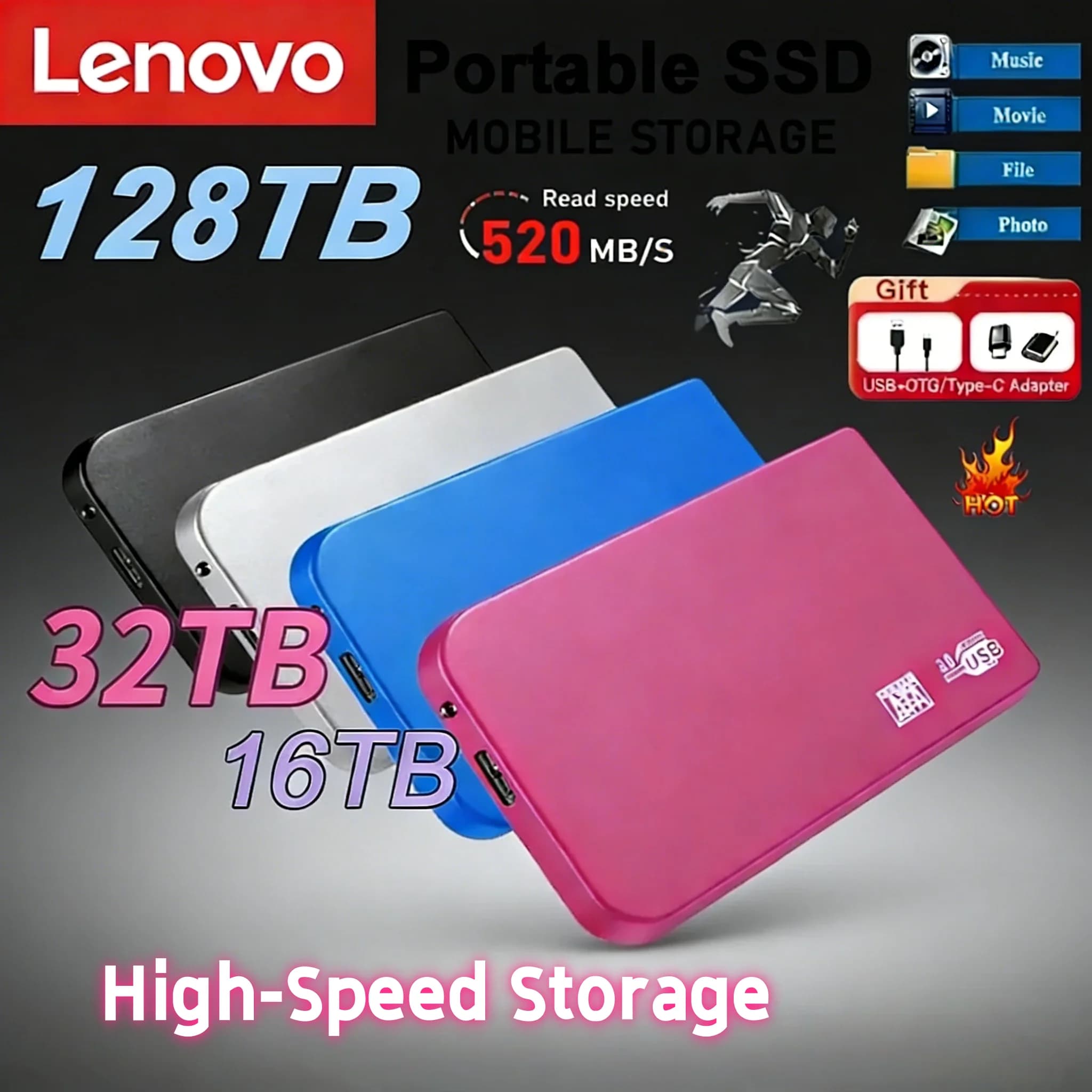 Nuovo Box Esterno Lenovo ad Alta Velocità per SSD USB 3.0, Custodia per Disco Rigido Mobile, Box di Archiviazione Esterna per SSD/HDD in ABS con Cavo USB 3.0