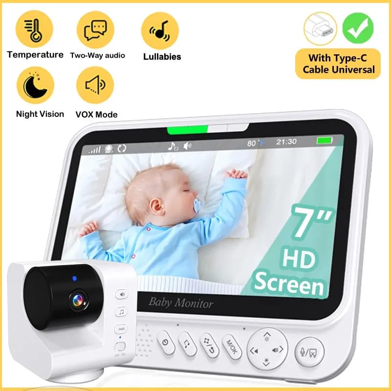 Baby monitor video wireless da 7,0 pollici No WiFi Zoom 4X Audio bidirezionale Visione notturna Protezione batteria da 5000 mAh Videocamera di sorveglianza