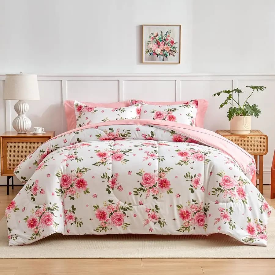 Set quilt sheets White bed in a bag 7 pieces Queen Size Bed linen set in dark pink floral microfiber 1 duvet 2 pillowcase 1