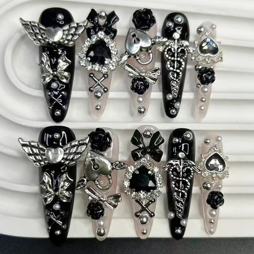 10 Pezzi Jirai Y2K Unghie Finte Nere e Rosa con Punta Lunga, Stile Francese, Fatte a Mano, Nail Art Scura, Fiocco 3D, Croce, Pianeta, Rosa, Kawaii, Carine