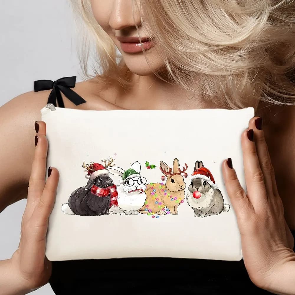 Una borsa per il trucco retrò con coniglio di Natale: simpatica custodia multifunzionale con cerniera per donna, borsa per riporre gioielli