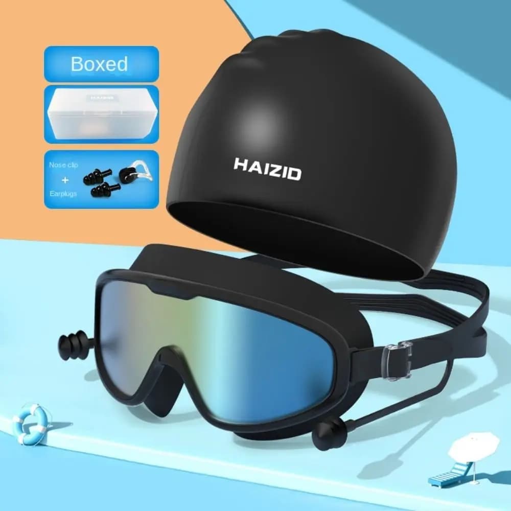 Set of 1 pair of waterproof swim glasses with ear plugs, set of silicone ear plugs printed HD anti-fog for diving and swimming