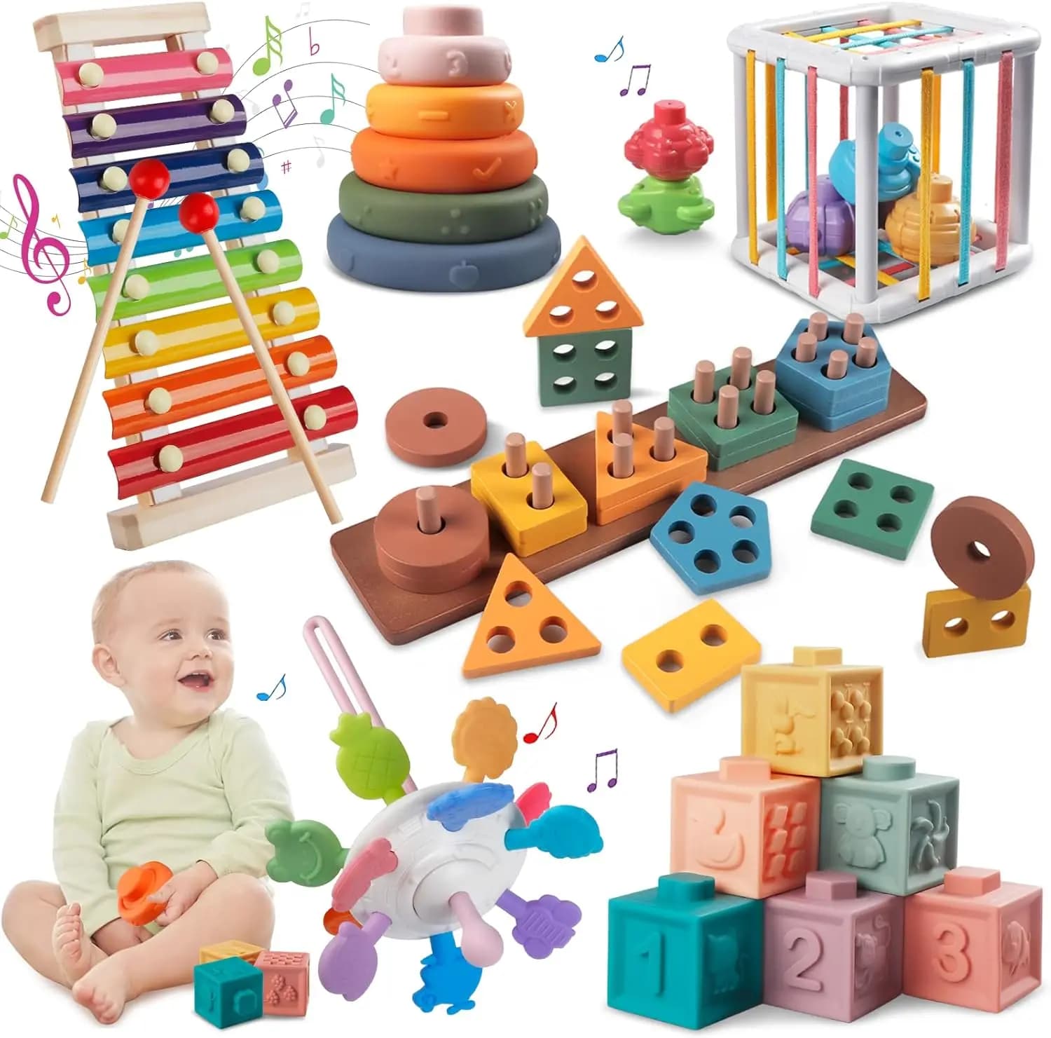 Giocattoli Educativi 6-in-1 per Bambini: Blocchi di Costruzione in Legno, Xilofono e Massaggiagengive per Bambini da 1 a 3 Anni