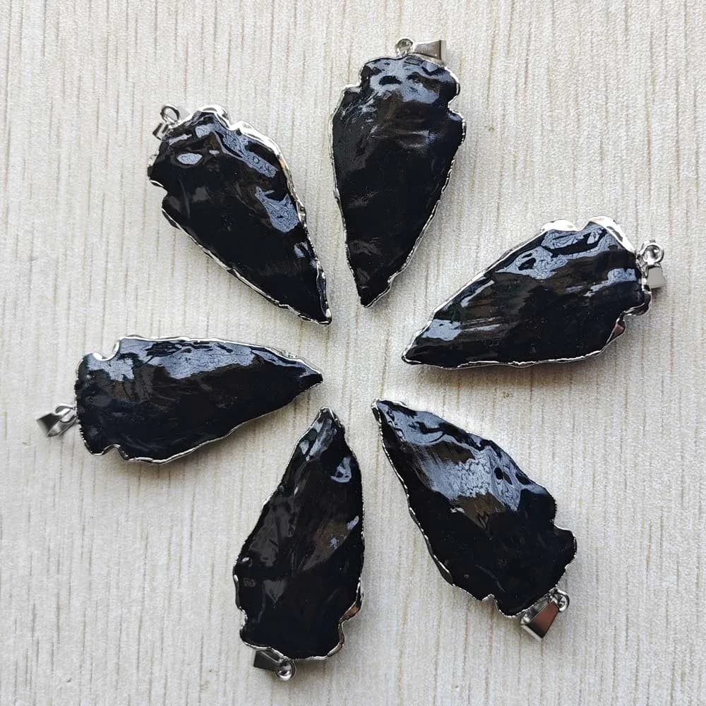 Pendenti laterali del piatto d'argento della freccia della pietra dell'ossidiana nera naturale di modo per la marcatura dei gioielli Commercio all'ingrosso libero di trasporto 6pcs/lot