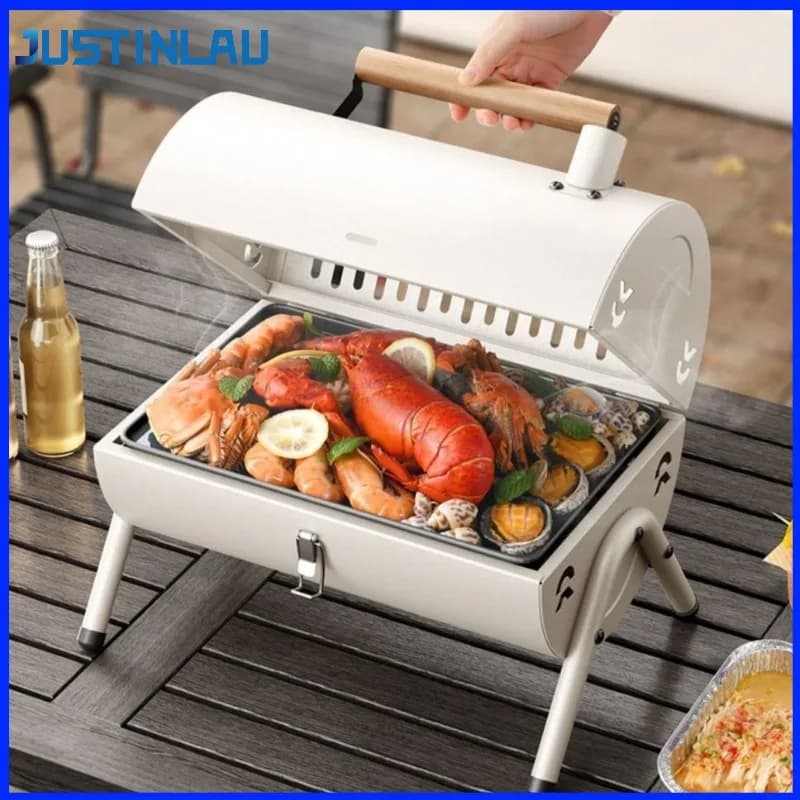 JUSTINLAU Piccolo Barbecue Portatile da Esterno, Griglia Pieghevole con Camino, Fornello a Carbone per Campeggio