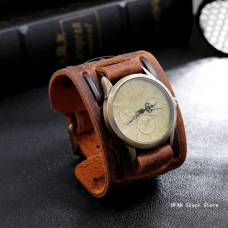 Pop Punk Retro Vintage Cintura con cinturino in vera pelle intrecciata da uomo Orologio ampio braccialetto avvolgente per gioielli da donna