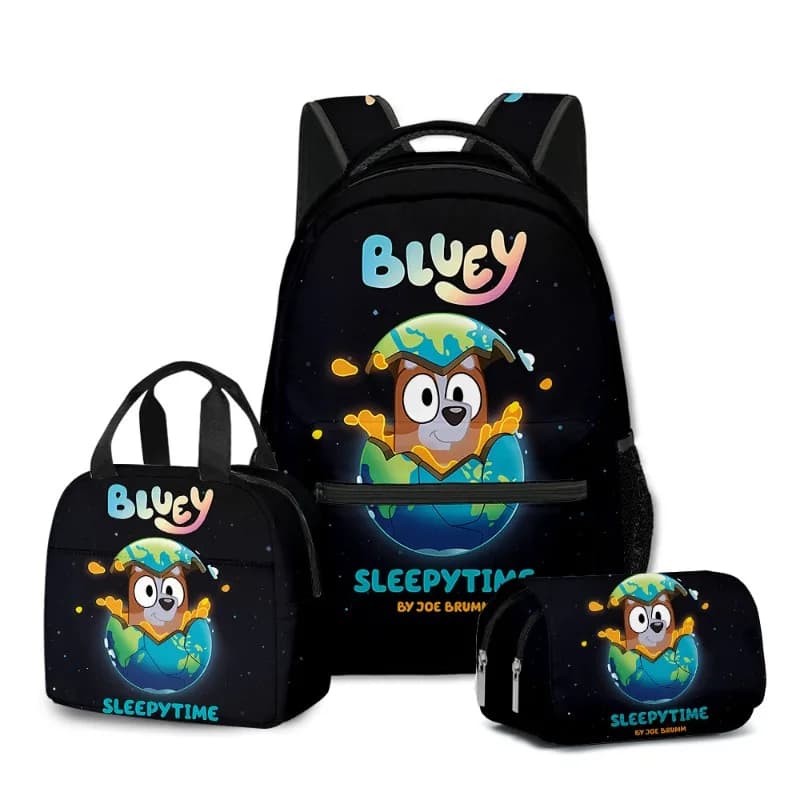Set of Three Pieces Printed in 3D with Characters Bluey: Backpack, Lunch Bag and Box, School Supplies for Primary and Secondary Schools
