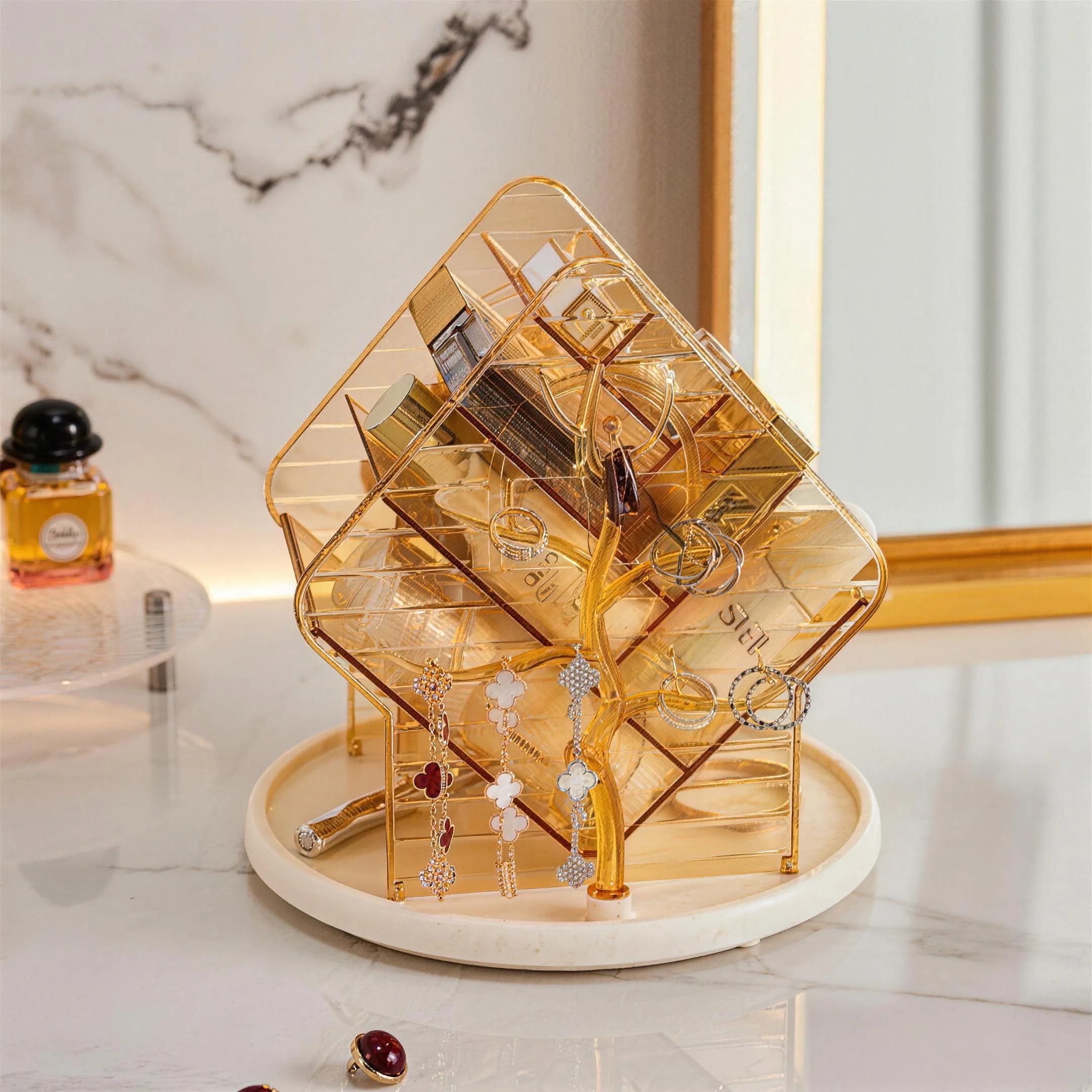Luxe Desktop Cosmetics Organizer Box Rotating Lipstick Makeup Storage Box Large Capacity Jewelry Makeup Brush Skincare Holder
