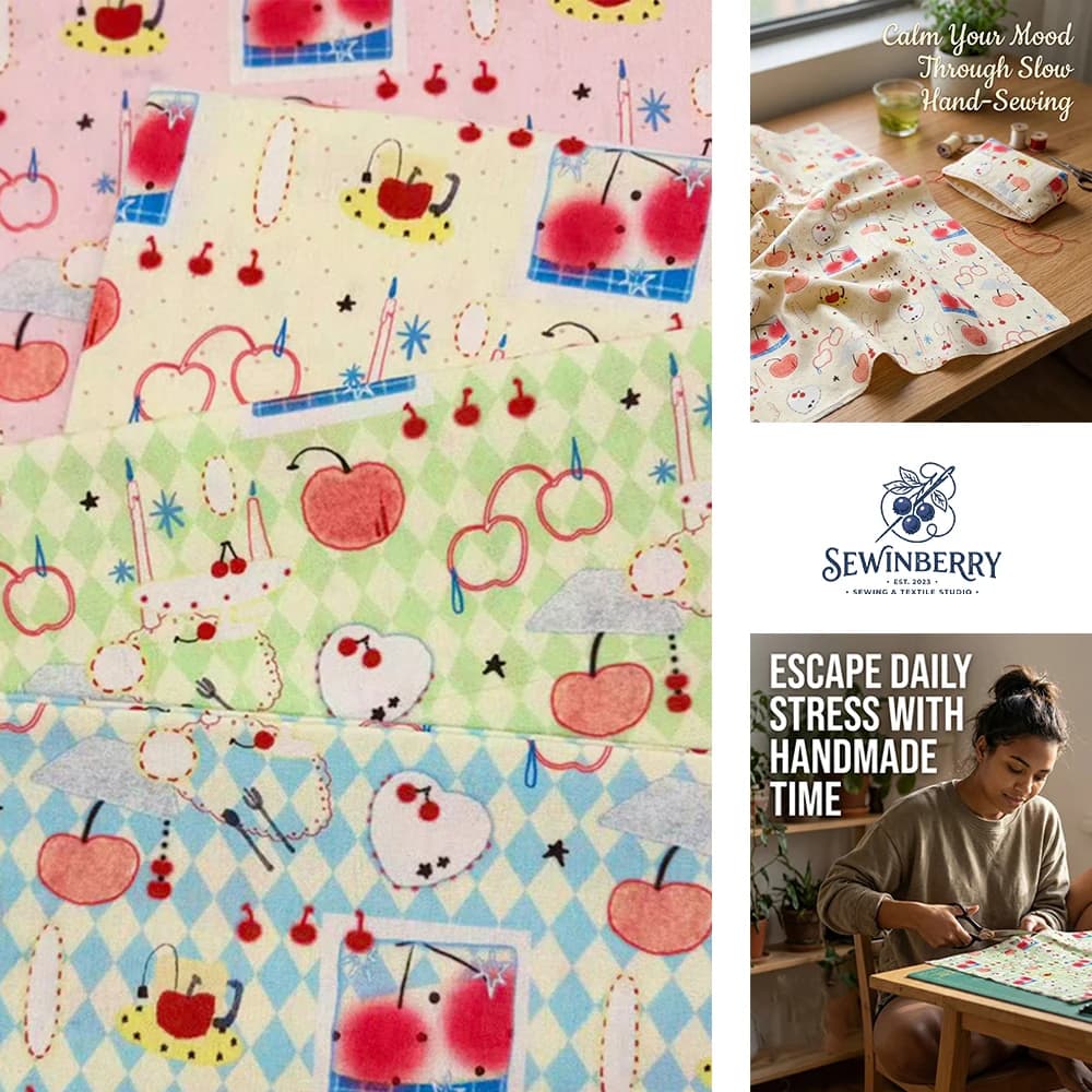 Hand Drawn Cherry Cake Dessert Diamond Check Print Cotton Fabric Stress Relief DIY Sewing Material For Girls Dress Kids Pouch