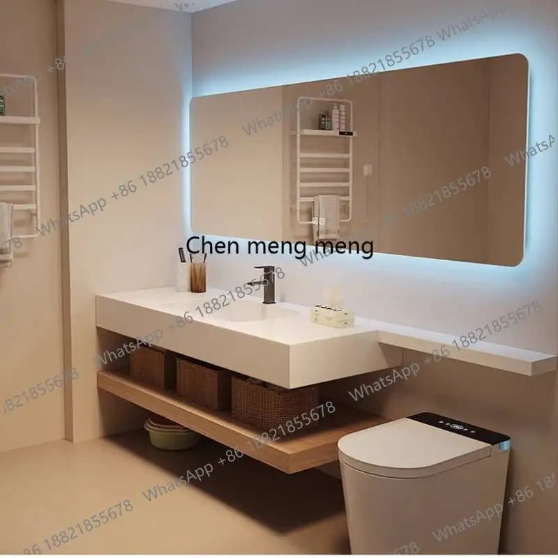 Mobile Bagno Moderno Marrone Stretto in Legno con Specchio Smart - Stile Europeo